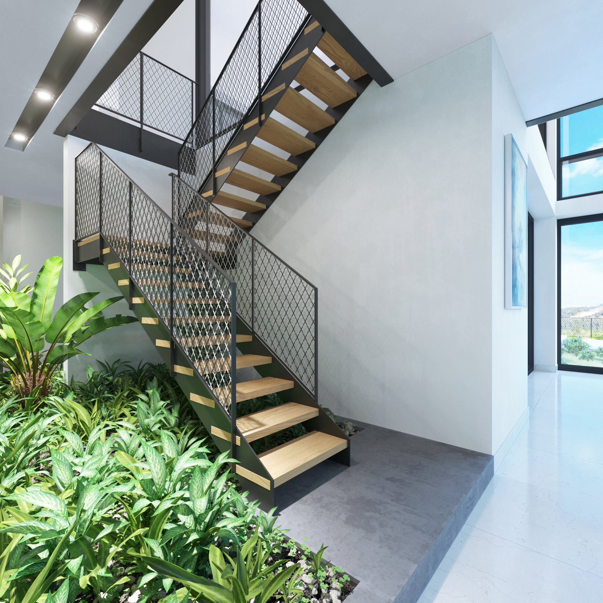 Дизайн та 3д візуалізація сходів на другий поверх, приватний будинок